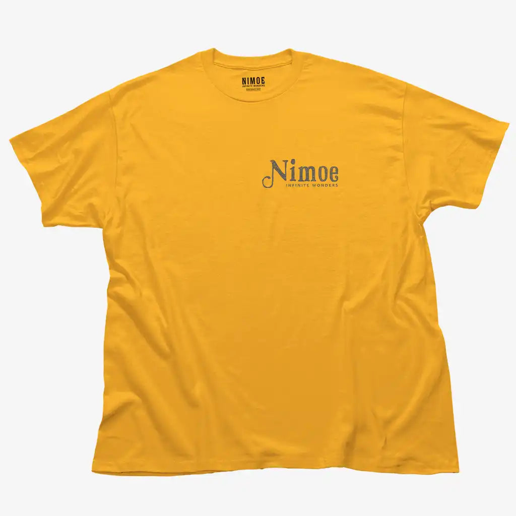 Nimoe N.05 unisex classic t-shirt in gold color displaying Nimoe logo design handmade typography design.