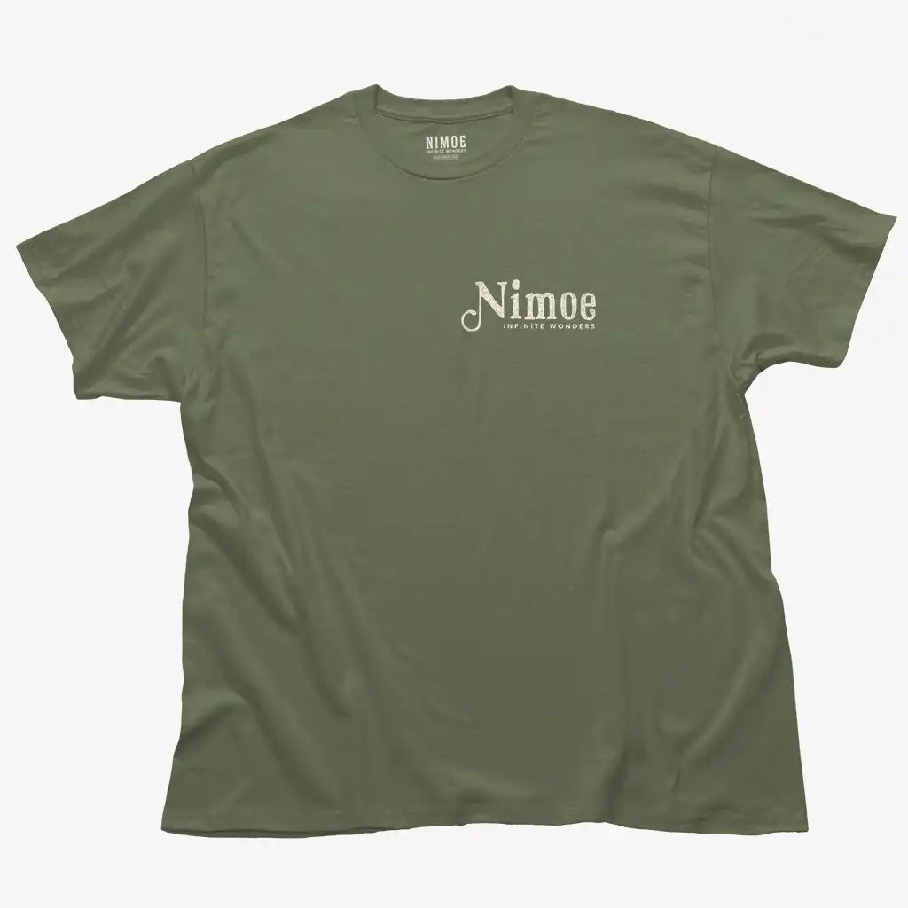 Nimoe N.05 unisex classic t-shirt in military green color displaying Nimoe logo design handmade typography design.