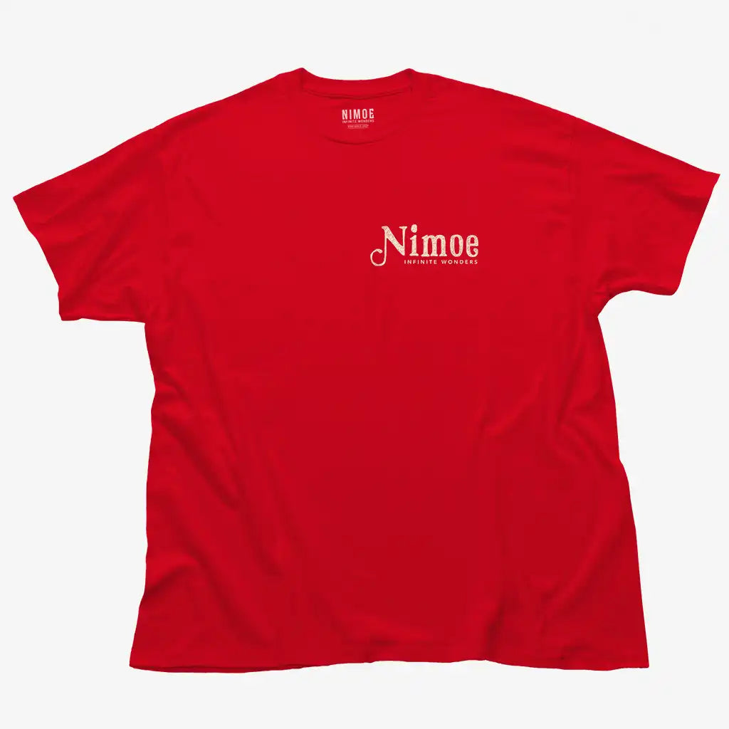 Nimoe N.05 unisex classic t-shirt in red color displaying Nimoe logo design handmade typography design.