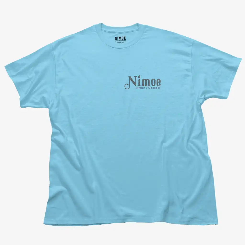 Nimoe N.05 unisex classic t-shirt in sky color displaying Nimoe logo design handmade typography design.