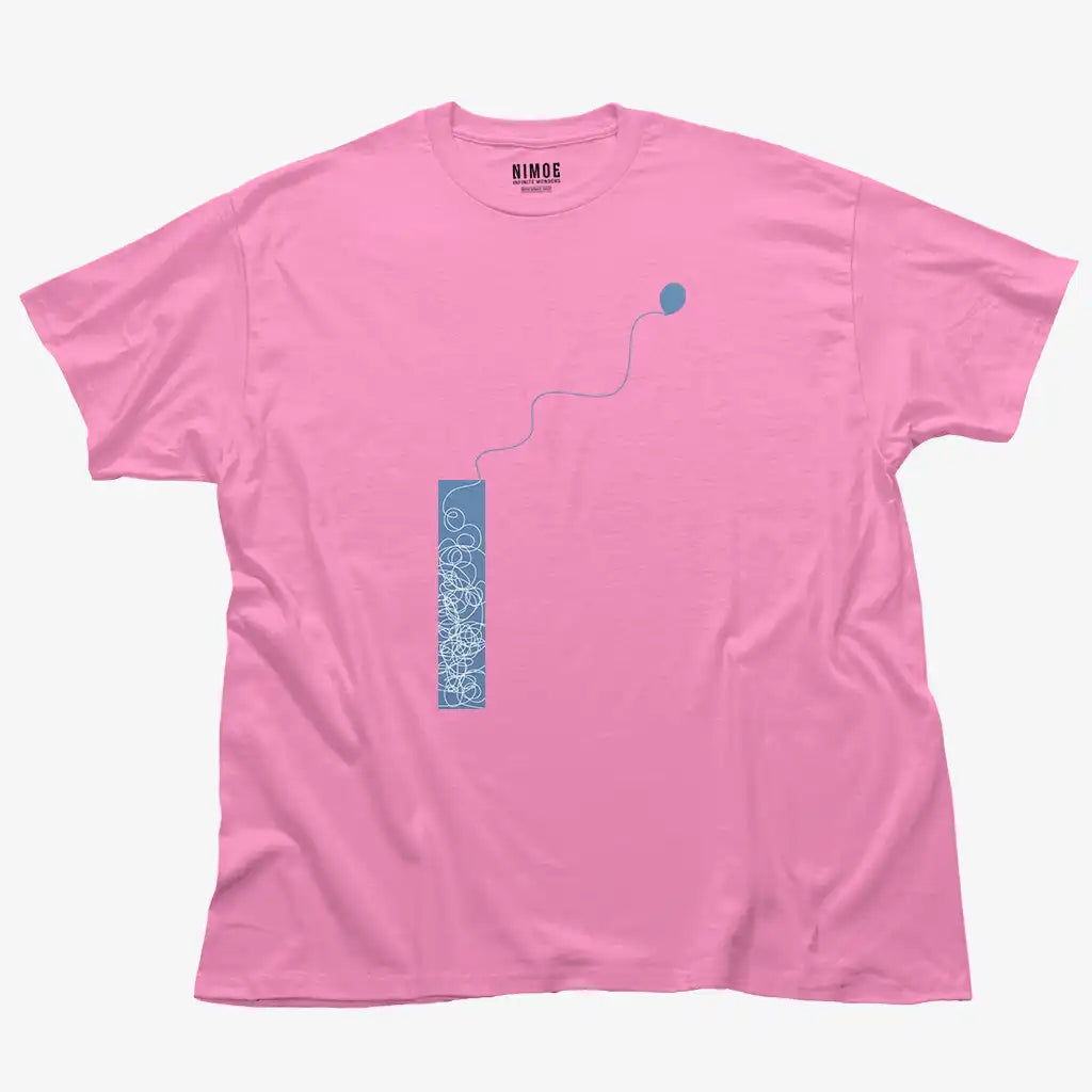 Balloon unisex classic t-shirt in azalea color displaying abstract drawing.
