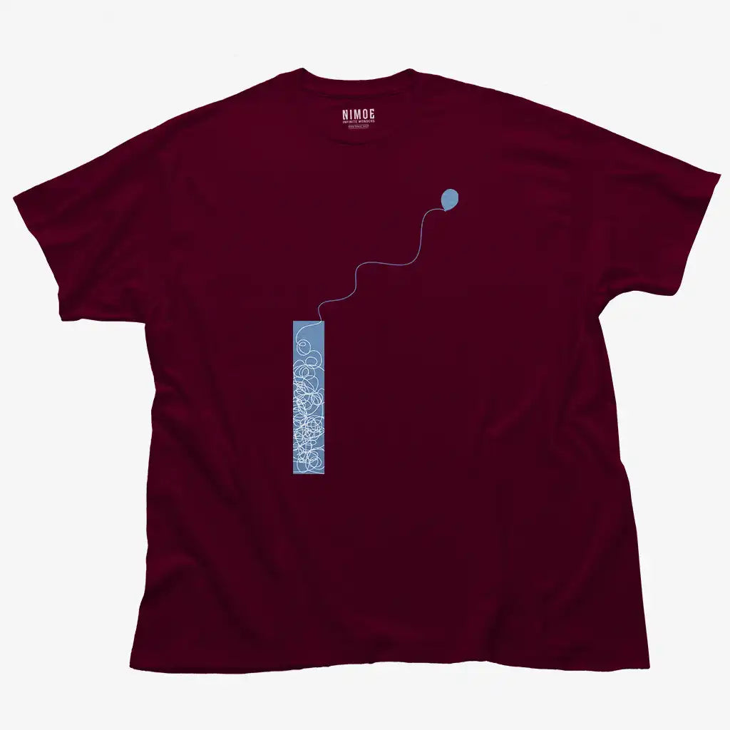 Balloon unisex classic t-shirt in maroon color displaying abstract drawing.