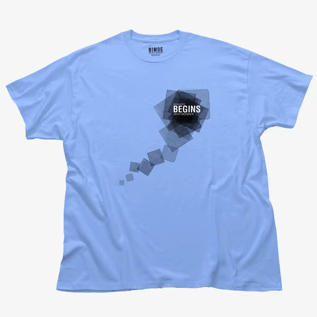 Knowledge begins with wonder unisex classic t-shirt in carolina blue color displaying stamps with typographic element.