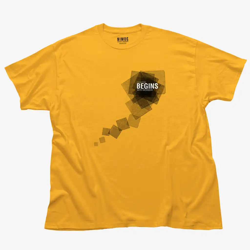 Knowledge begins with wonder unisex classic t-shirt in gold color displaying stamps with typographic element.