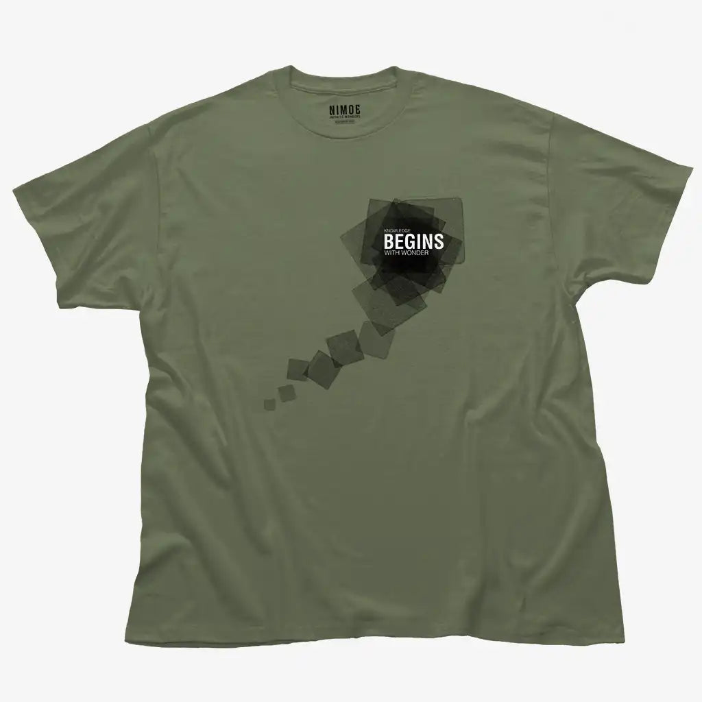 Knowledge begins with wonder unisex classic t-shirt in military green color displaying stamps with typographic element.