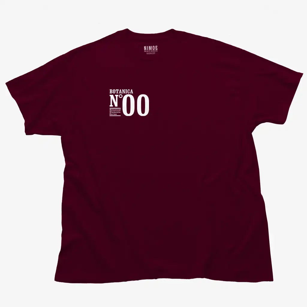 Botanica N.00 unisex classic t-shirt in maroon color displaying typography design.