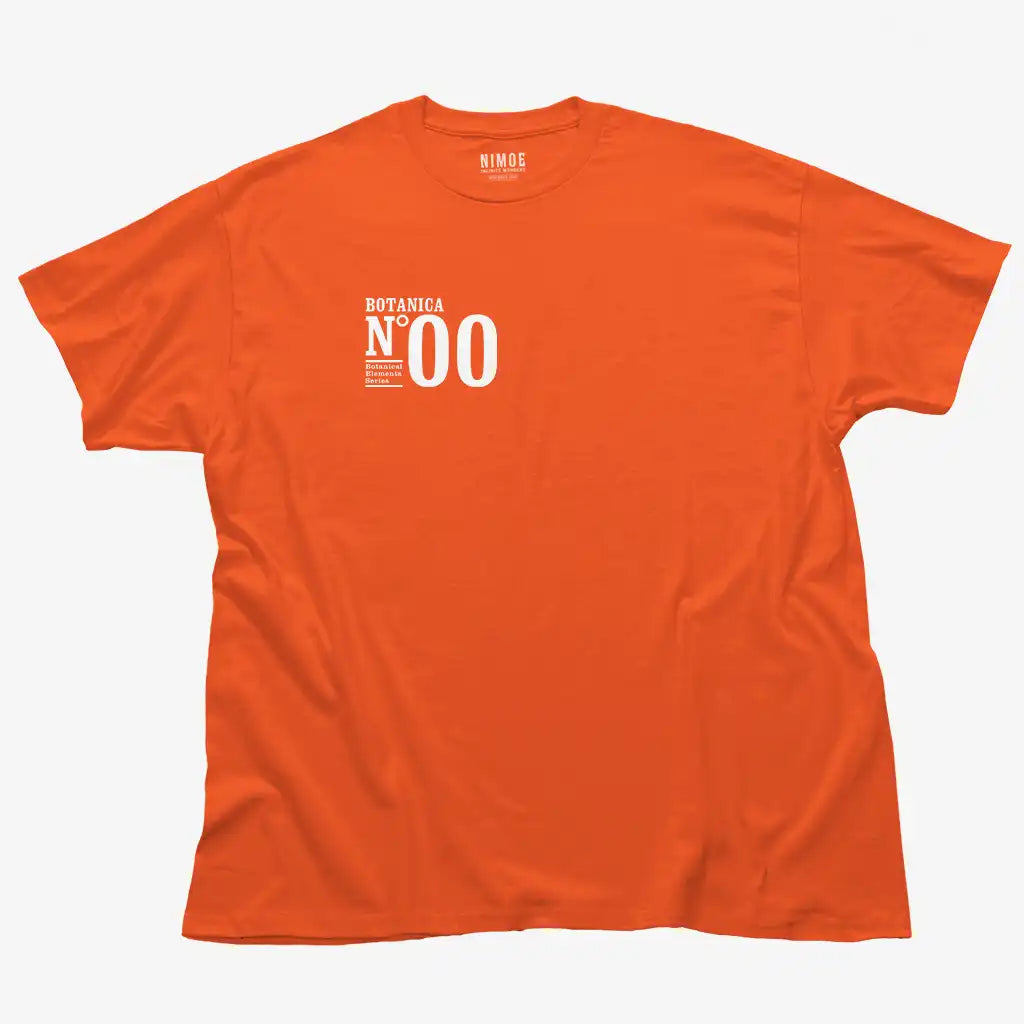 Botanica N.00 unisex classic t-shirt in orange color displaying typography design.