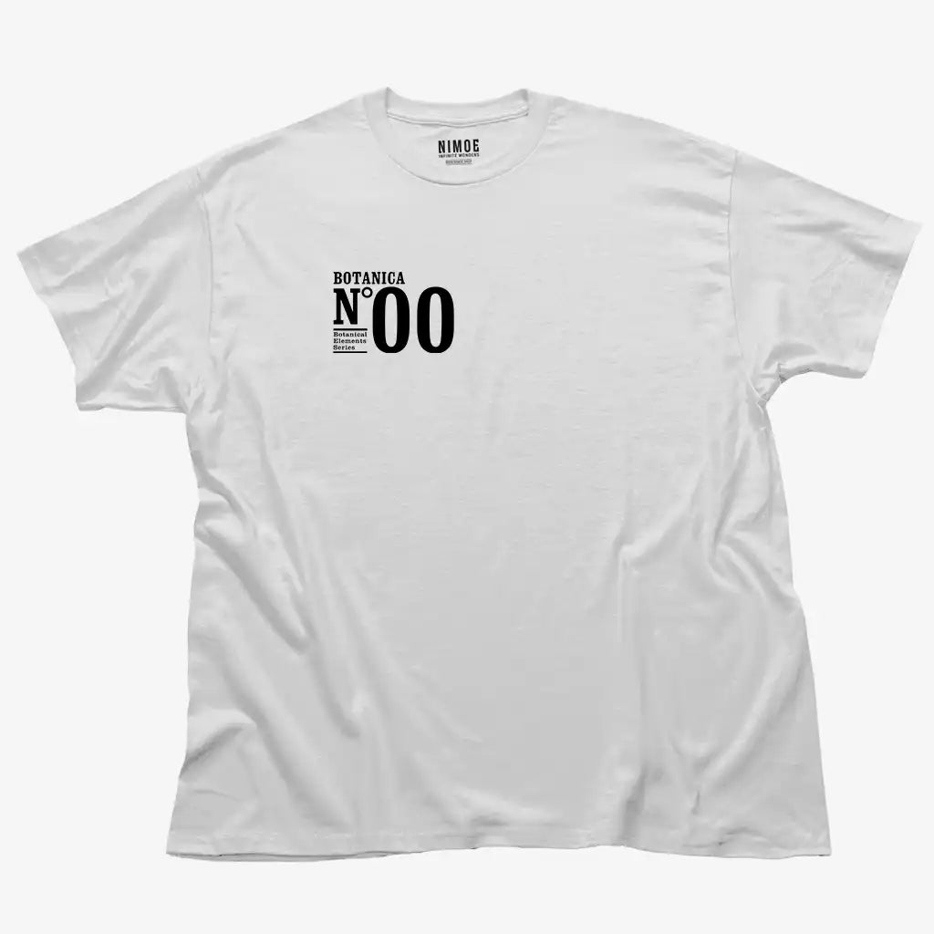 Botanica N.00 unisex classic t-shirt in white color displaying typography design.