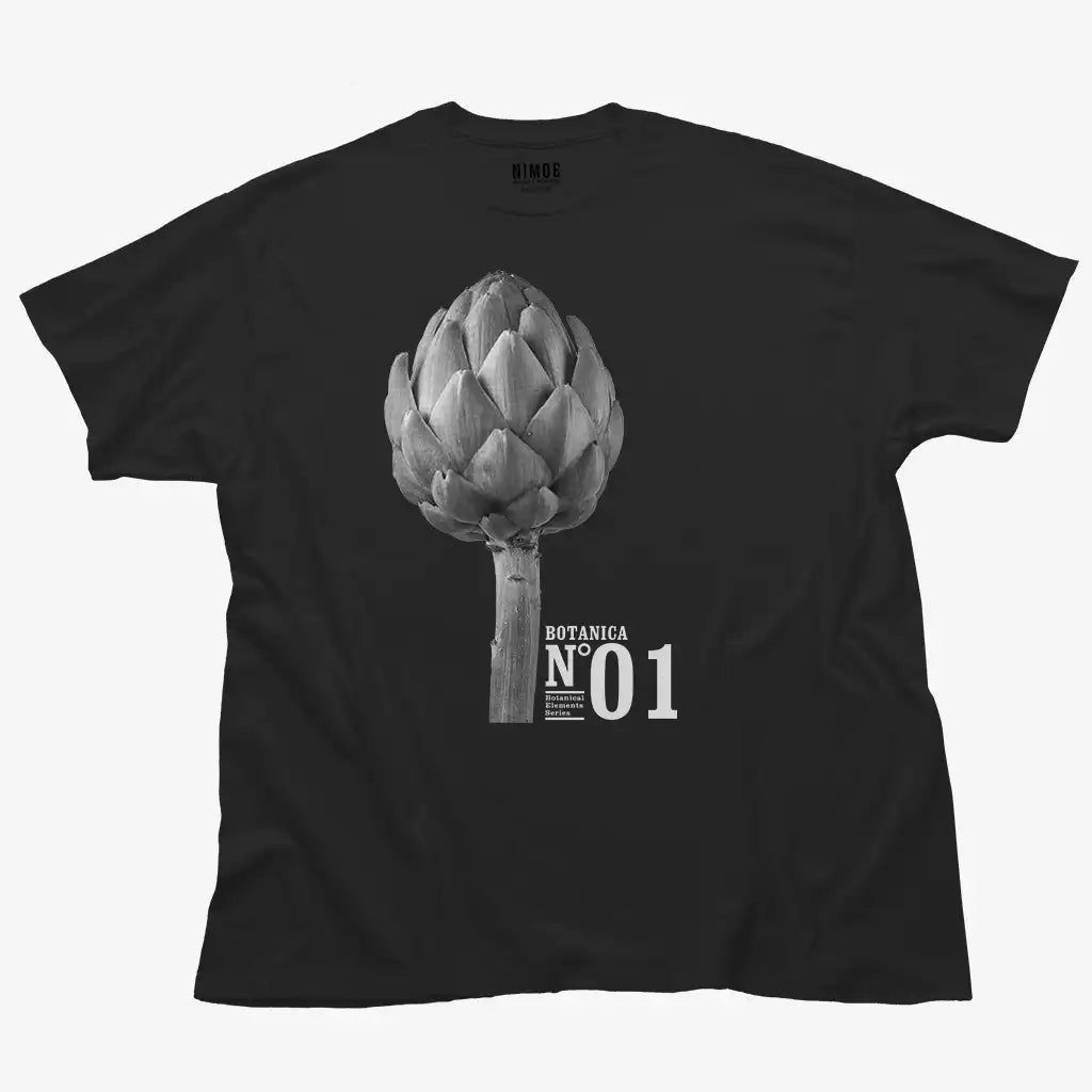 Botanica N.01 unisex classic t-shirt in black color displaying artichoke (cynara cardunculus), veggie.