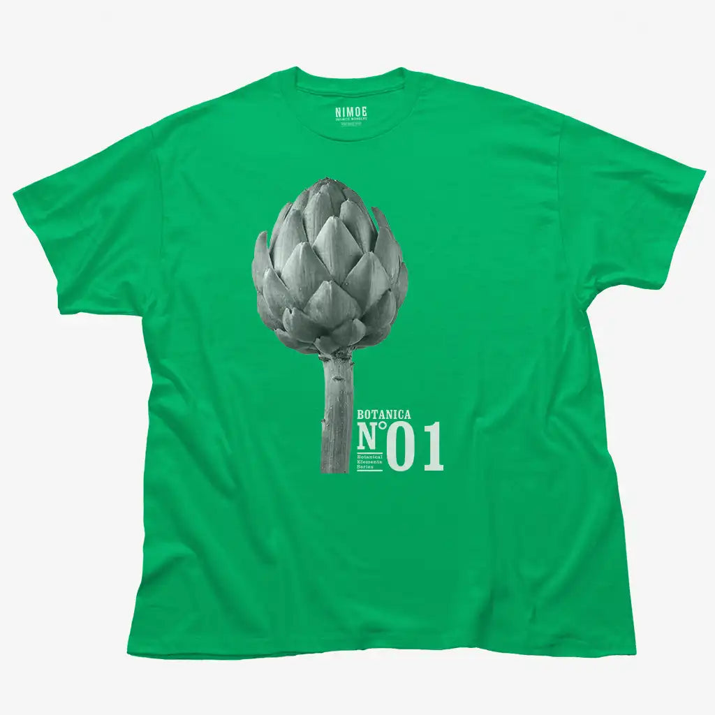 Botanica N.01 unisex classic t-shirt in irish green color displaying artichoke (cynara cardunculus), veggie.