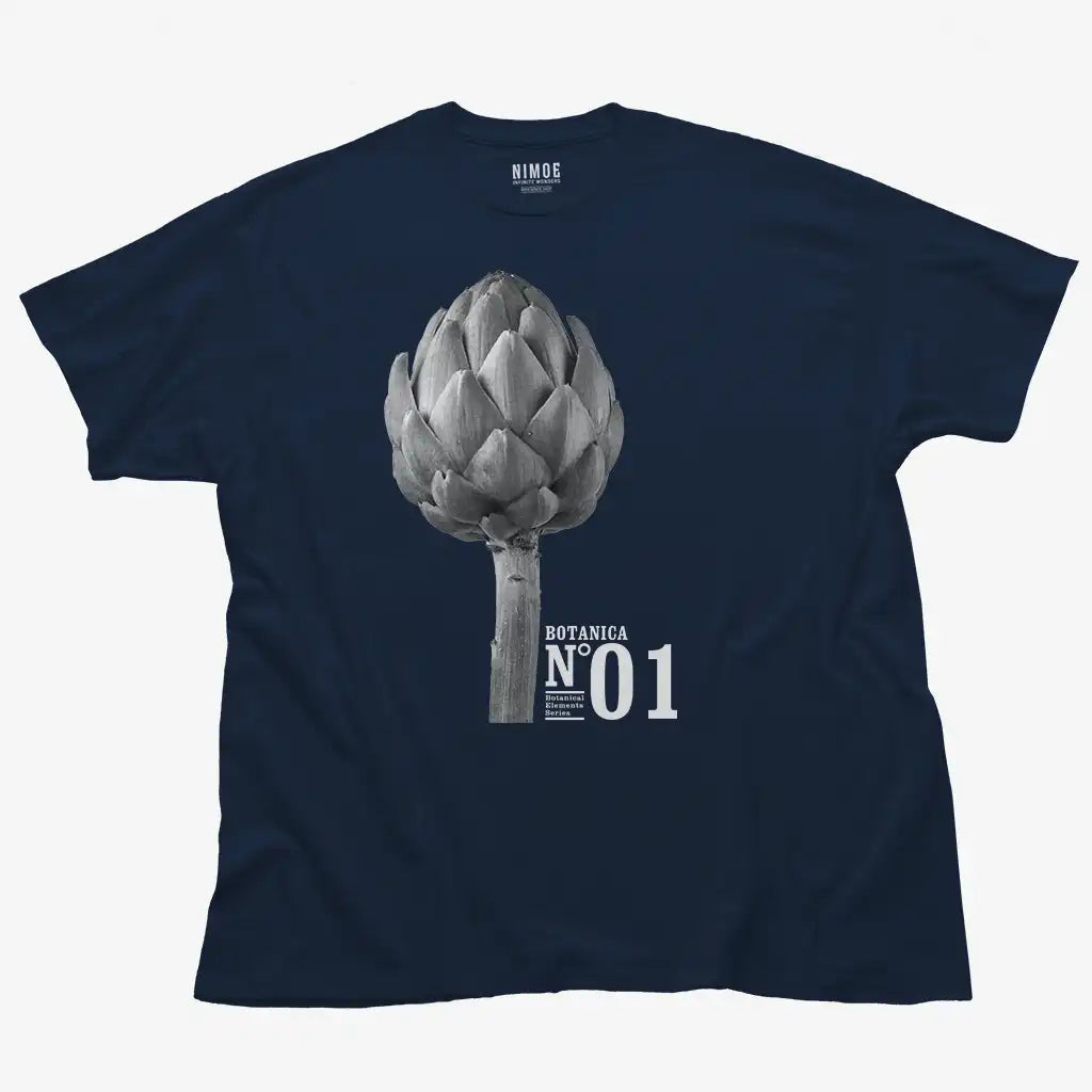 Botanica N.01 unisex classic t-shirt in navy color displaying artichoke (cynara cardunculus), veggie.