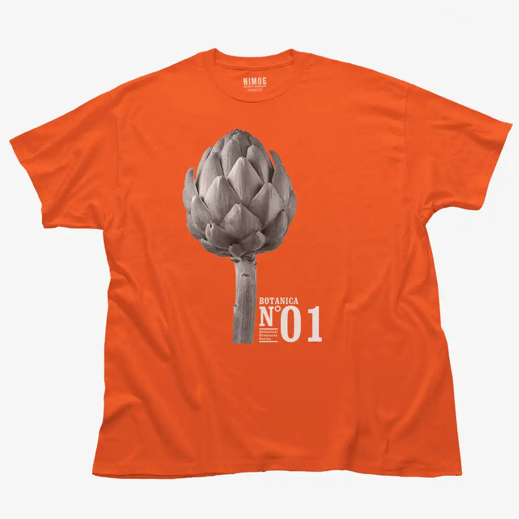 Botanica N.01 unisex classic t-shirt in orange color displaying artichoke (cynara cardunculus), veggie.