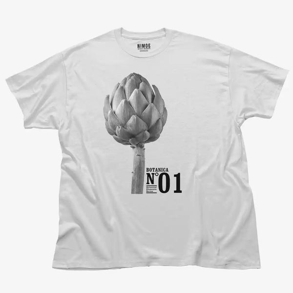 Botanica N.01 unisex classic t-shirt in white color displaying artichoke (cynara cardunculus), veggie.