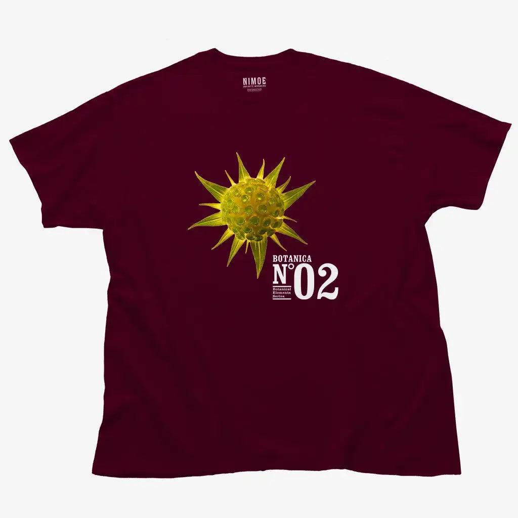 Botanica N.02 unisex classic t-shirt in maroon color displaying spiny golden star (pallenis spinosa), flower.