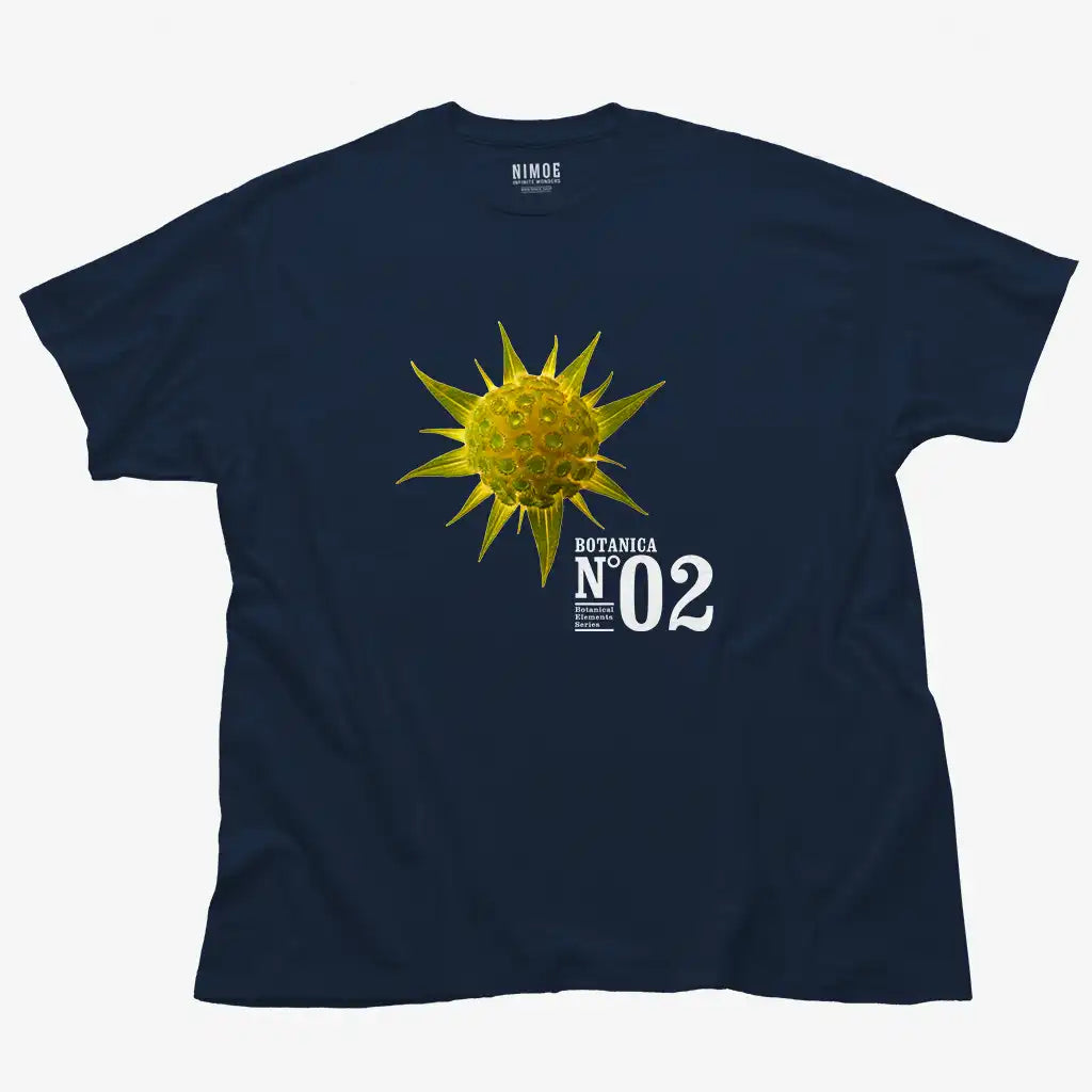 Botanica N.02 unisex classic t-shirt in navy color displaying spiny golden star (pallenis spinosa), flower.