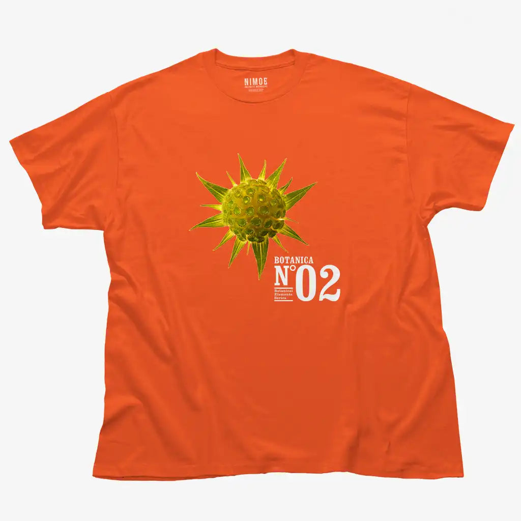 Botanica N.02 unisex classic t-shirt in orange color displaying spiny golden star (pallenis spinosa), flower.