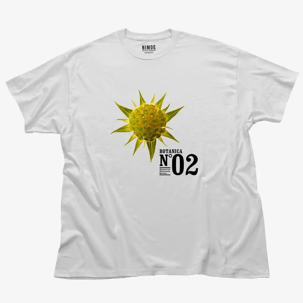 Botanica N.02 unisex classic t-shirt in white color displaying spiny golden star (pallenis spinosa), flower.