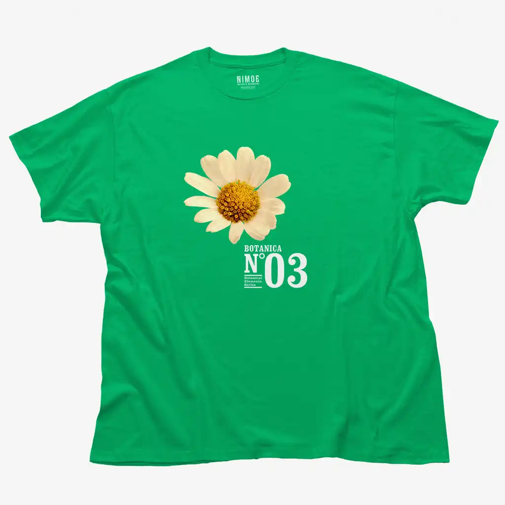 Botanica N.03 unisex classic t-shirt in irish green color displaying chamomile (matricaria chamomilla), flower.