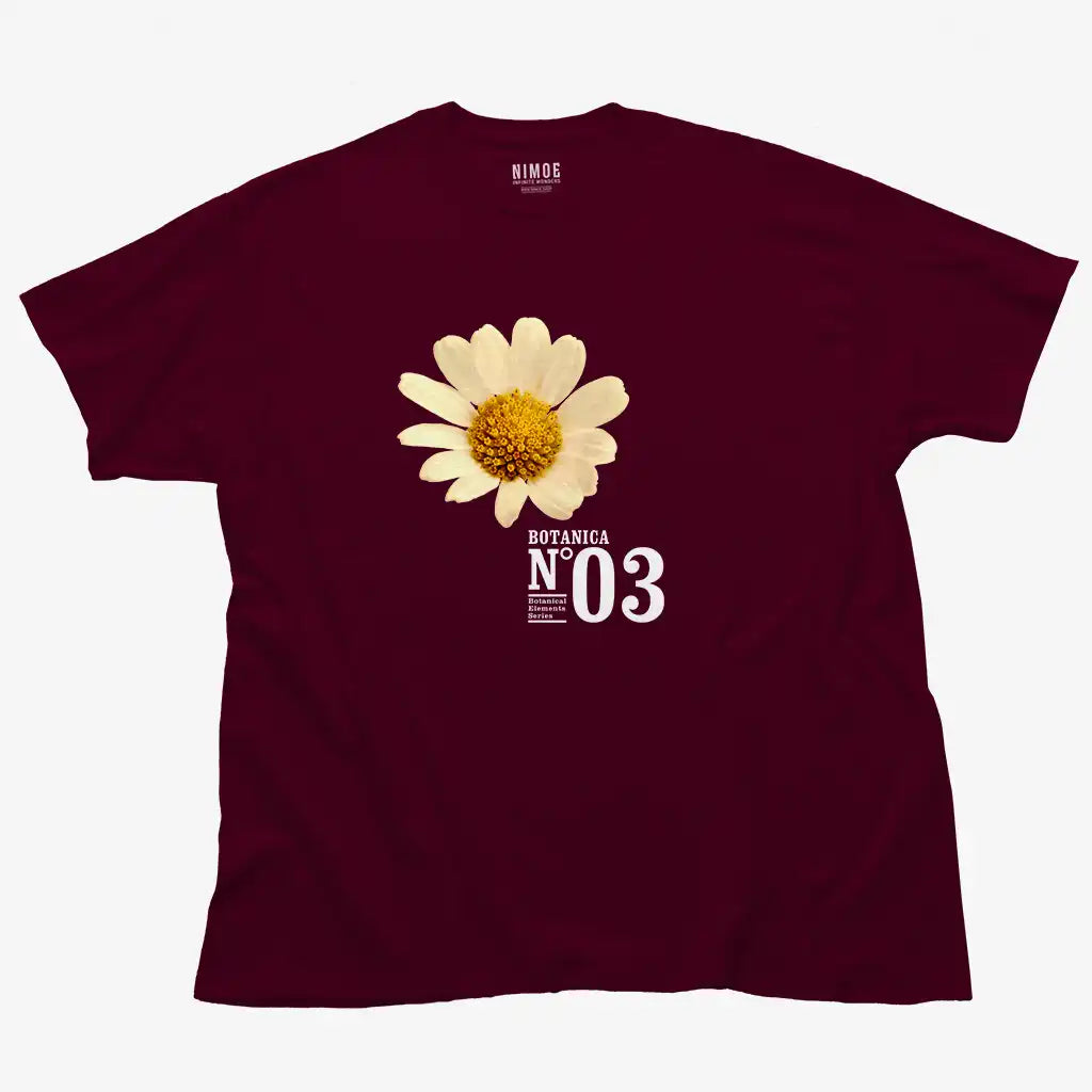 Botanica N.03 unisex classic t-shirt in maroon color displaying chamomile (matricaria chamomilla), flower.