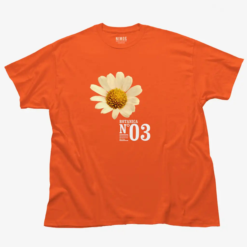 Botanica N.03 unisex classic t-shirt in orange color displaying chamomile (matricaria chamomilla), flower.