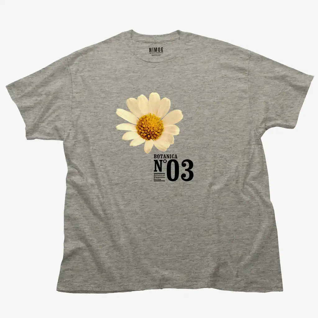 Botanica N.03 unisex classic t-shirt in sport grey color displaying chamomile (matricaria chamomilla), flower.