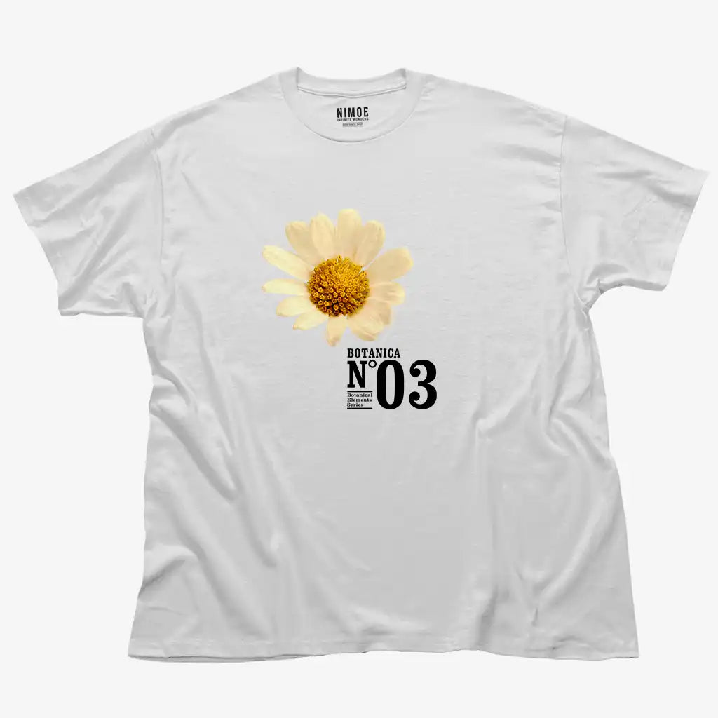 Botanica N.03 unisex classic t-shirt in white color displaying chamomile (matricaria chamomilla), flower.