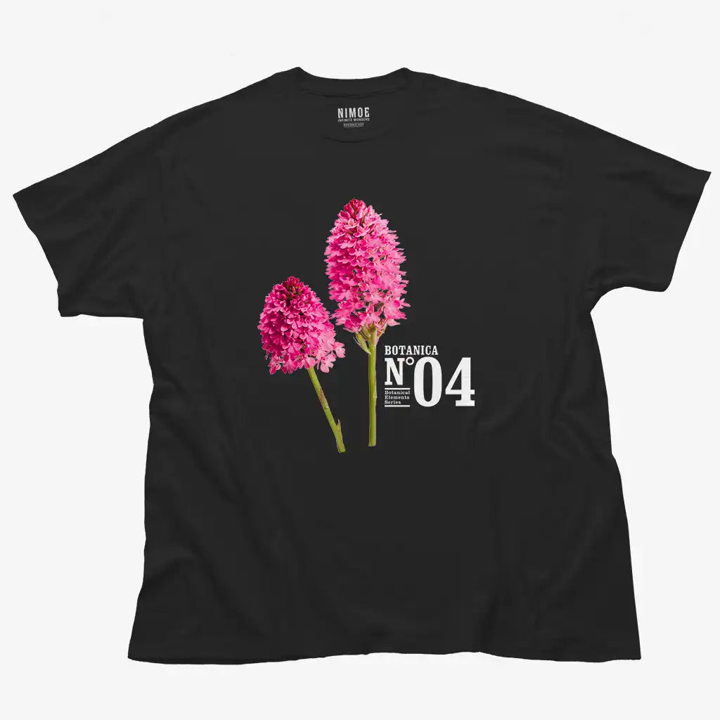 Botanica N.04 unisex classic t-shirt in black color displaying wild orchid (anacamptis pyramidalis), flower.