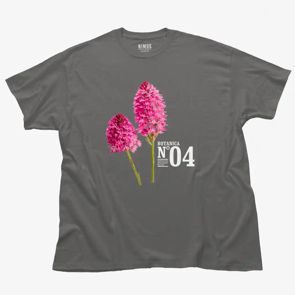 Botanica N.04 unisex classic t-shirt in charcoal color displaying wild orchid (anacamptis pyramidalis), flower.