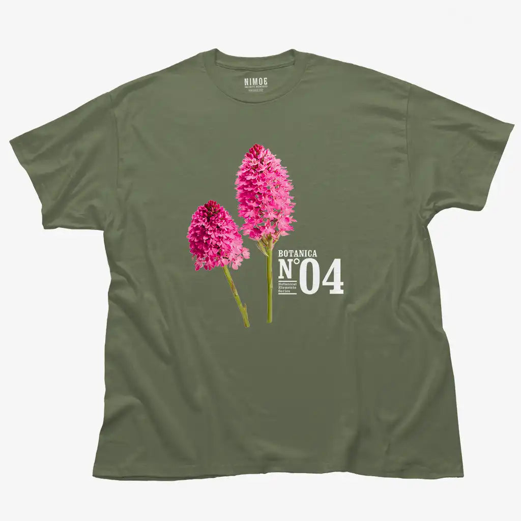 Botanica N.04 unisex classic t-shirt in military green color displaying wild orchid (anacamptis pyramidalis), flower.