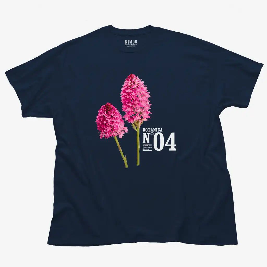 Botanica N.04 unisex classic t-shirt in navy color displaying wild orchid (anacamptis pyramidalis), flower.