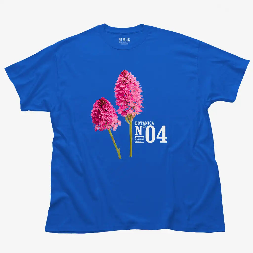 Botanica N.04 unisex classic t-shirt in royal color displaying wild orchid (anacamptis pyramidalis), flower.