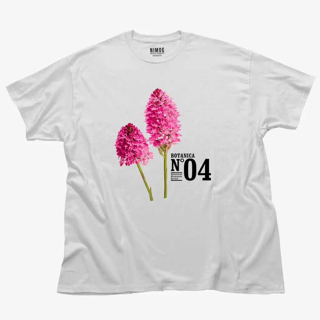 Botanica N.04 unisex classic t-shirt in white color displaying wild orchid (anacamptis pyramidalis), flower.