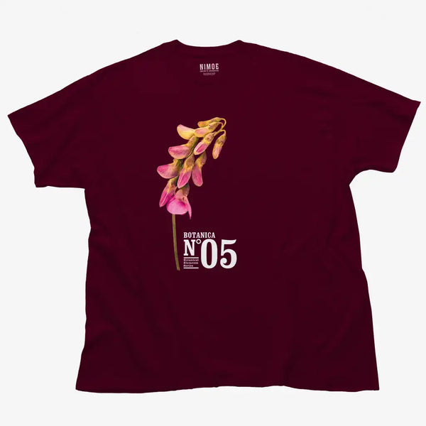 Botanica N.05 unisex classic t-shirt in maroon color displaying blackening flat pea (lathyrus niger), flower.