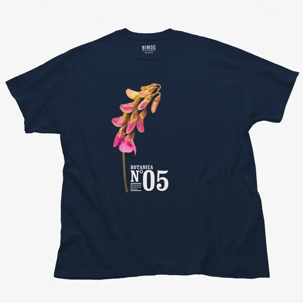 Botanica N.05 unisex classic t-shirt in navy color displaying blackening flat pea (lathyrus niger), flower.