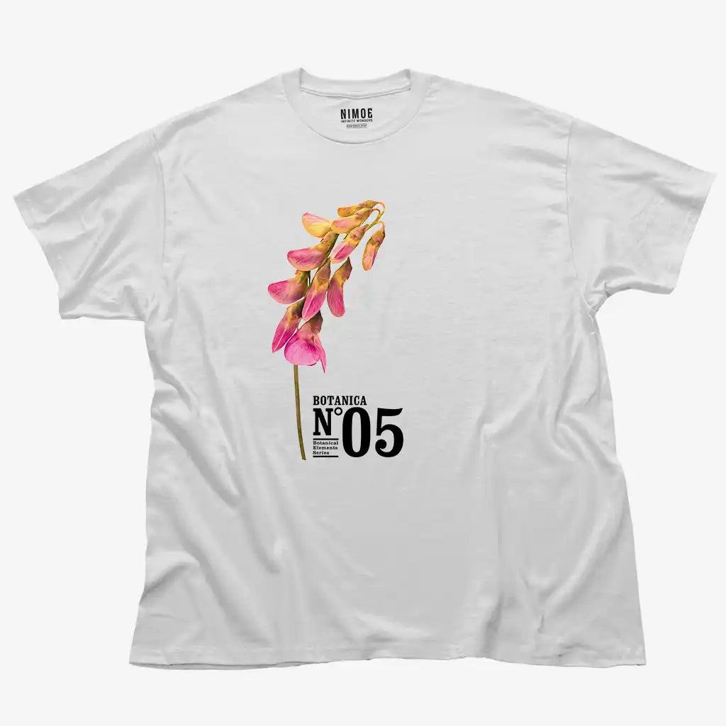 Botanica N.05 unisex classic t-shirt in white color displaying blackening flat pea (lathyrus niger), flower.