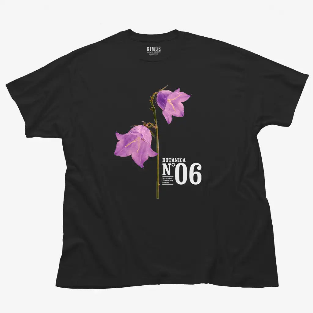 Botanica N.06 unisex classic t-shirt in black color displaying bellflowers (campanula), flower.