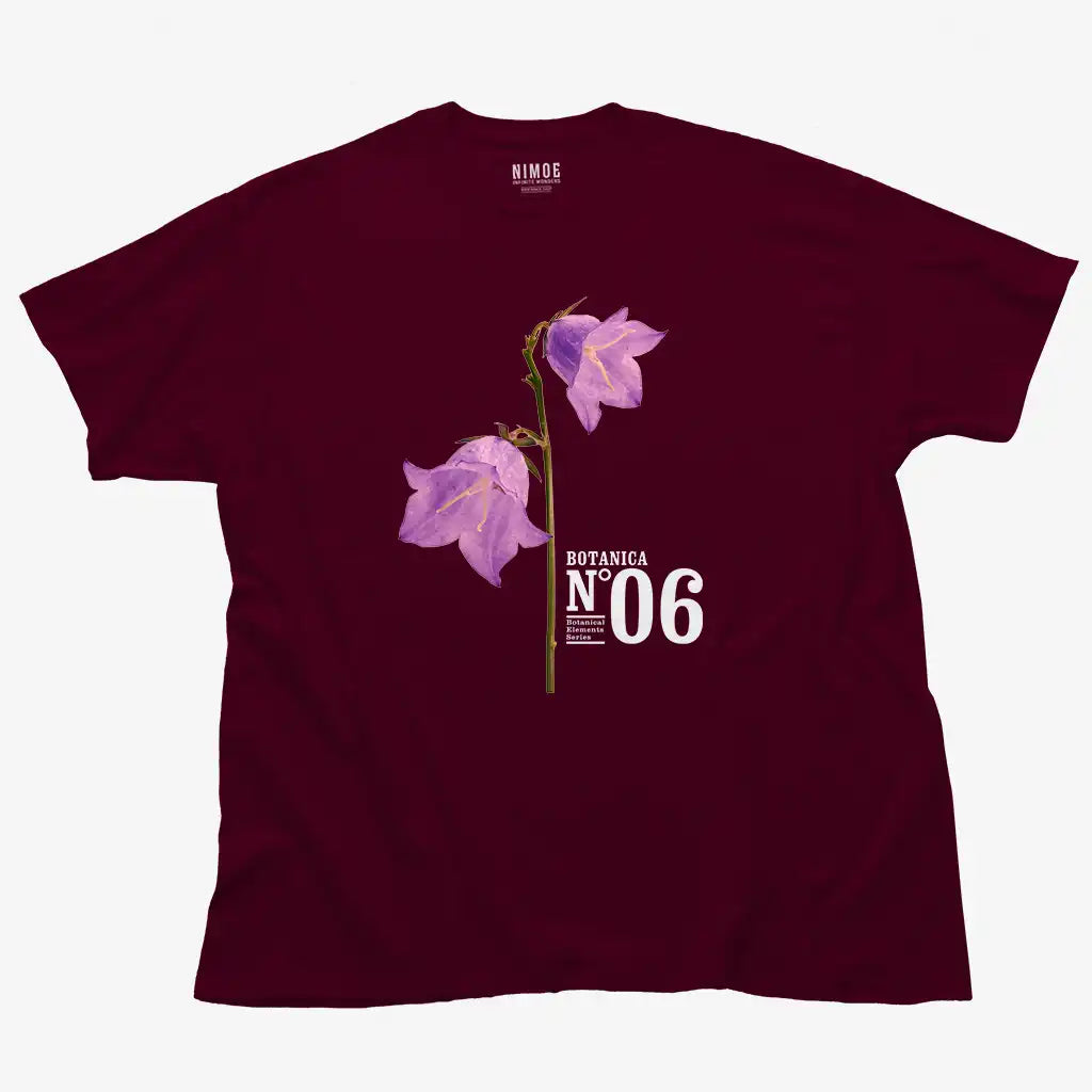 Botanica N.06 unisex classic t-shirt in maroon color displaying bellflowers (campanula), flower.