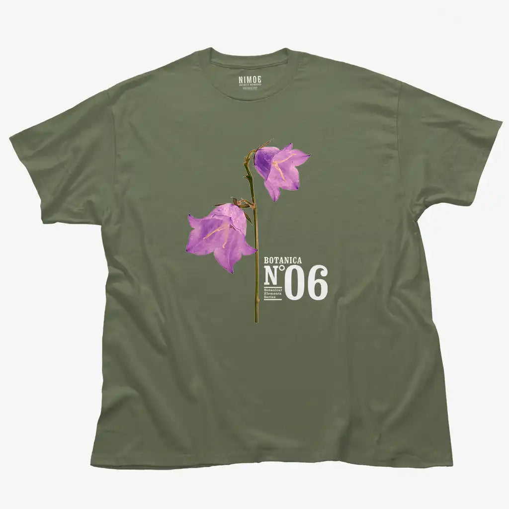 Botanica N.06 unisex classic t-shirt in military green color displaying bellflowers (campanula), flower.