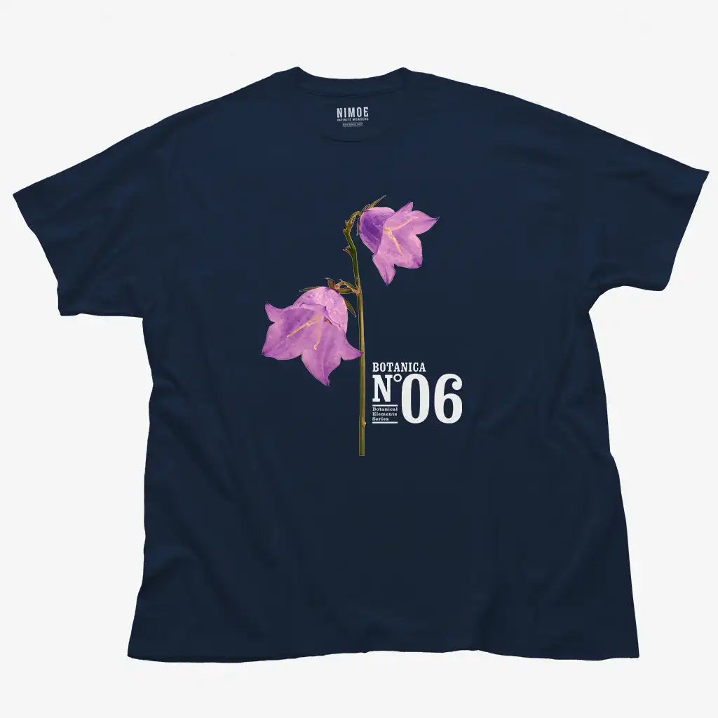 Botanica N.06 unisex classic t-shirt in navy color displaying bellflowers (campanula), flower.