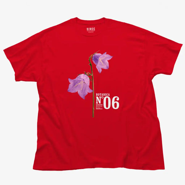 Botanica N.06 unisex classic t-shirt in red color displaying bellflowers (campanula), flower.