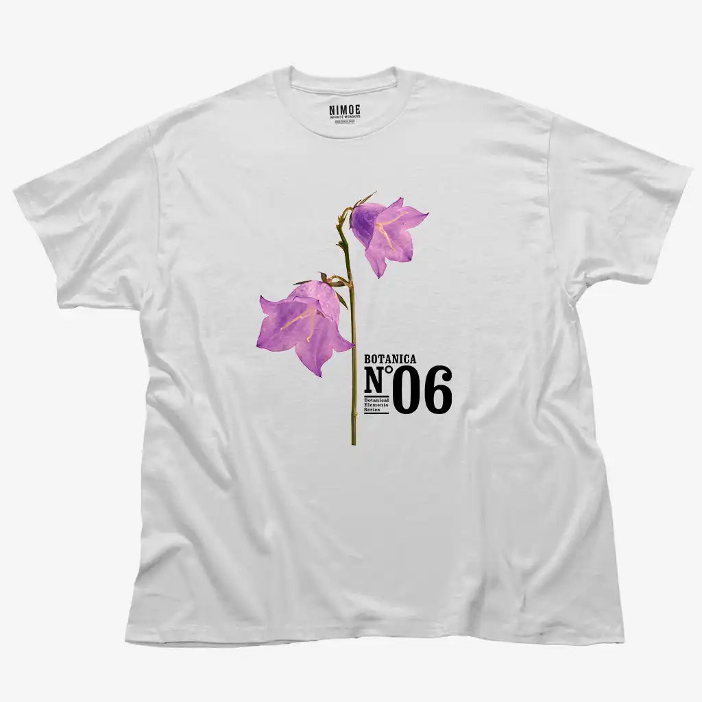 Botanica N.06 unisex classic t-shirt in white color displaying bellflowers (campanula), flower.