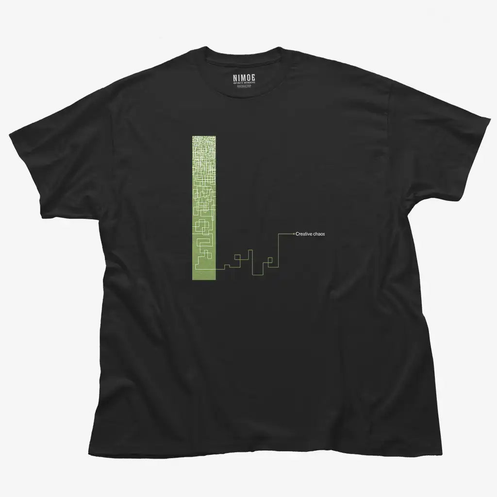 Creative chaos unisex classic t-shirt in black color displaying abstract drawing.