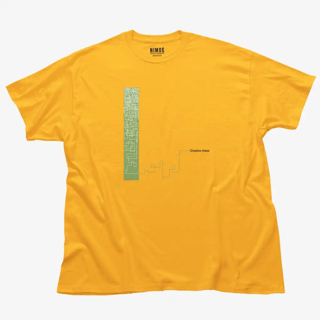 Creative chaos unisex classic t-shirt in gold color displaying abstract drawing.