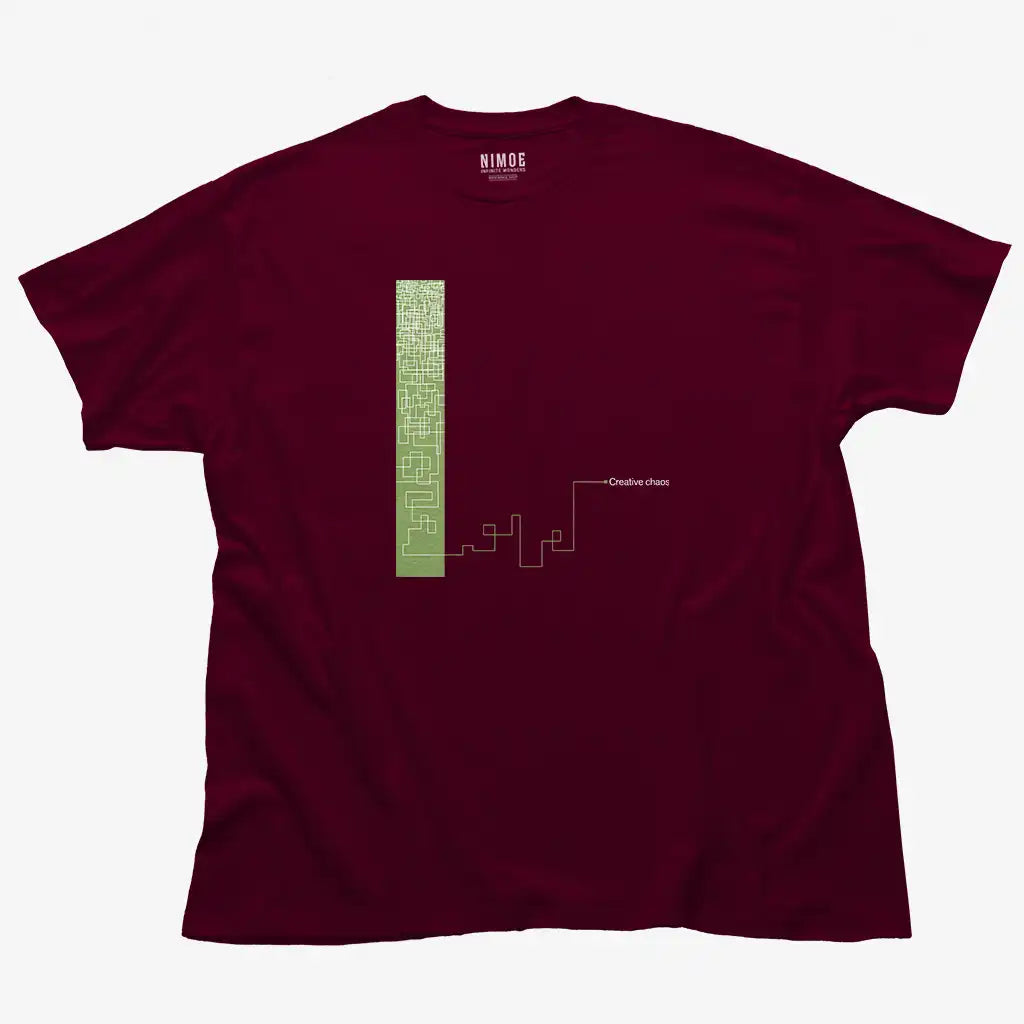 Creative chaos unisex classic t-shirt in maroon color displaying abstract drawing.