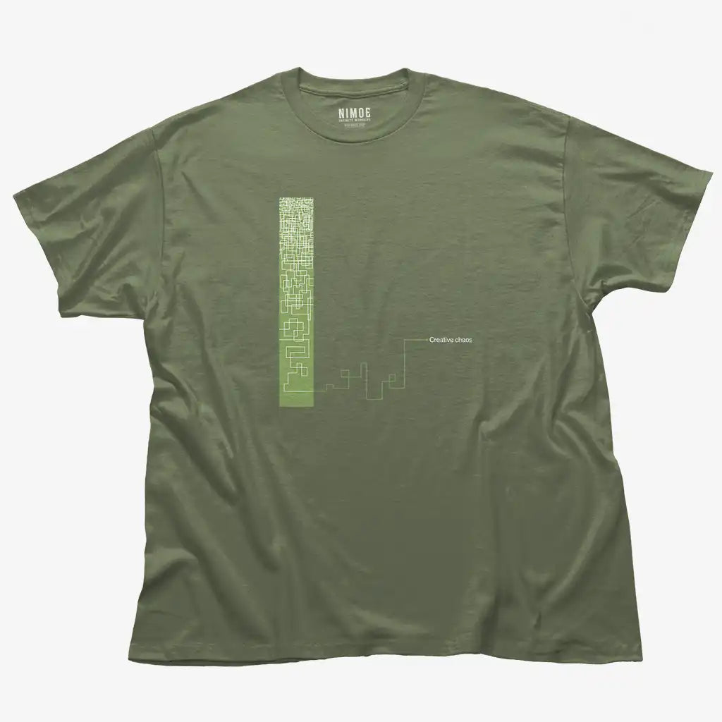 Creative chaos unisex classic t-shirt in military green color displaying abstract drawing.