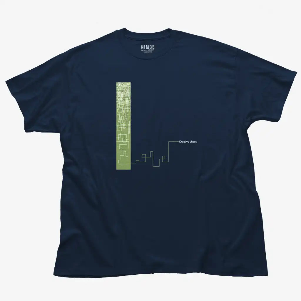 Creative chaos unisex classic t-shirt in navy color displaying abstract drawing.