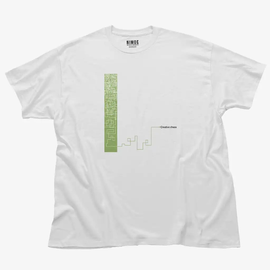 Creative chaos unisex classic t-shirt in white color displaying abstract drawing.