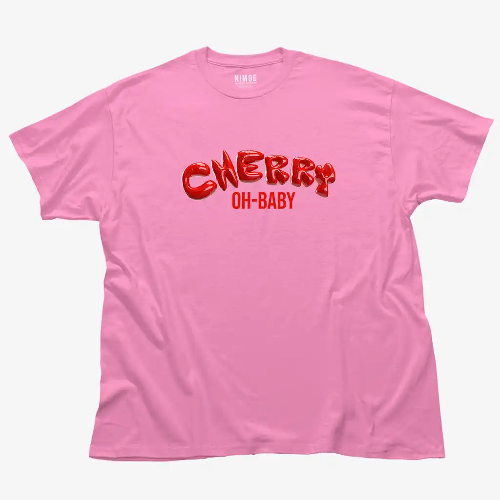 Cherry oh baby unisex classic t-shirt in azalea color displaying 3d bubble letters photorealistic design.