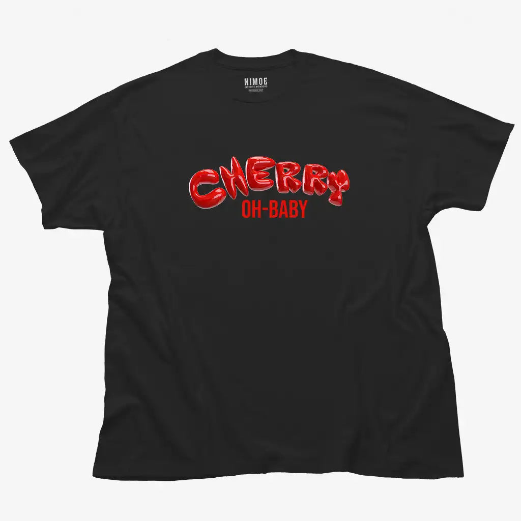 Cherry oh baby unisex classic t-shirt in black color displaying 3d bubble letters photorealistic design.