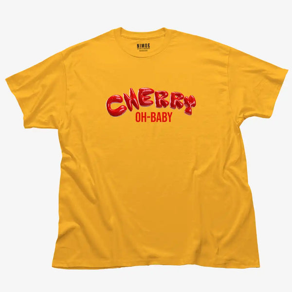 Cherry oh baby unisex classic t-shirt in gold color displaying 3d bubble letters photorealistic design.